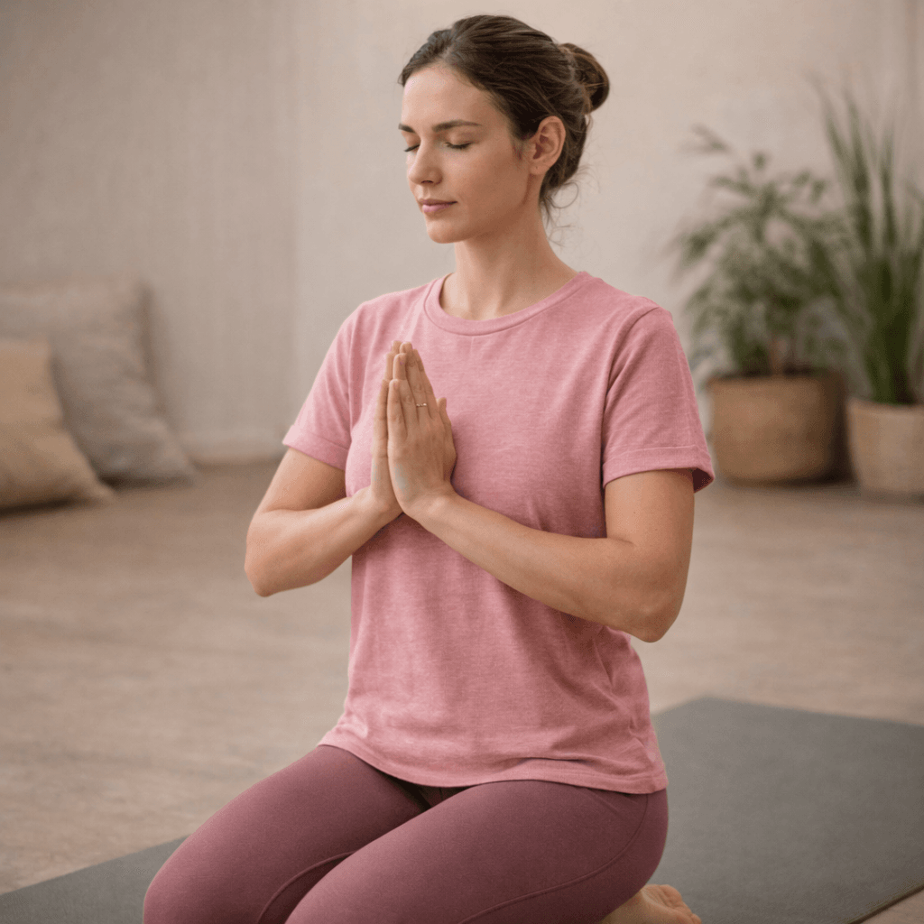 ragazza che fa yoga con t shirt in canapa oversize