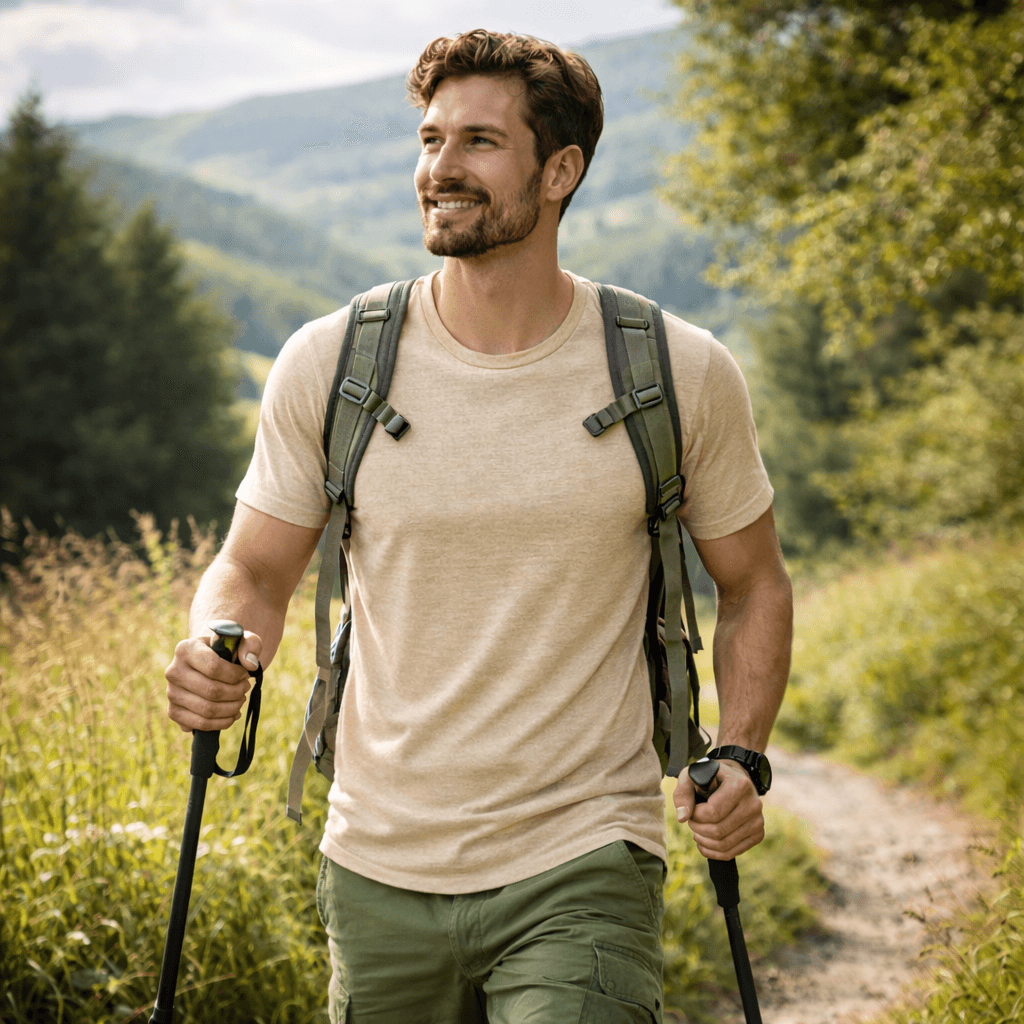 uomo che fa trekking indossando una maglietta in canapa